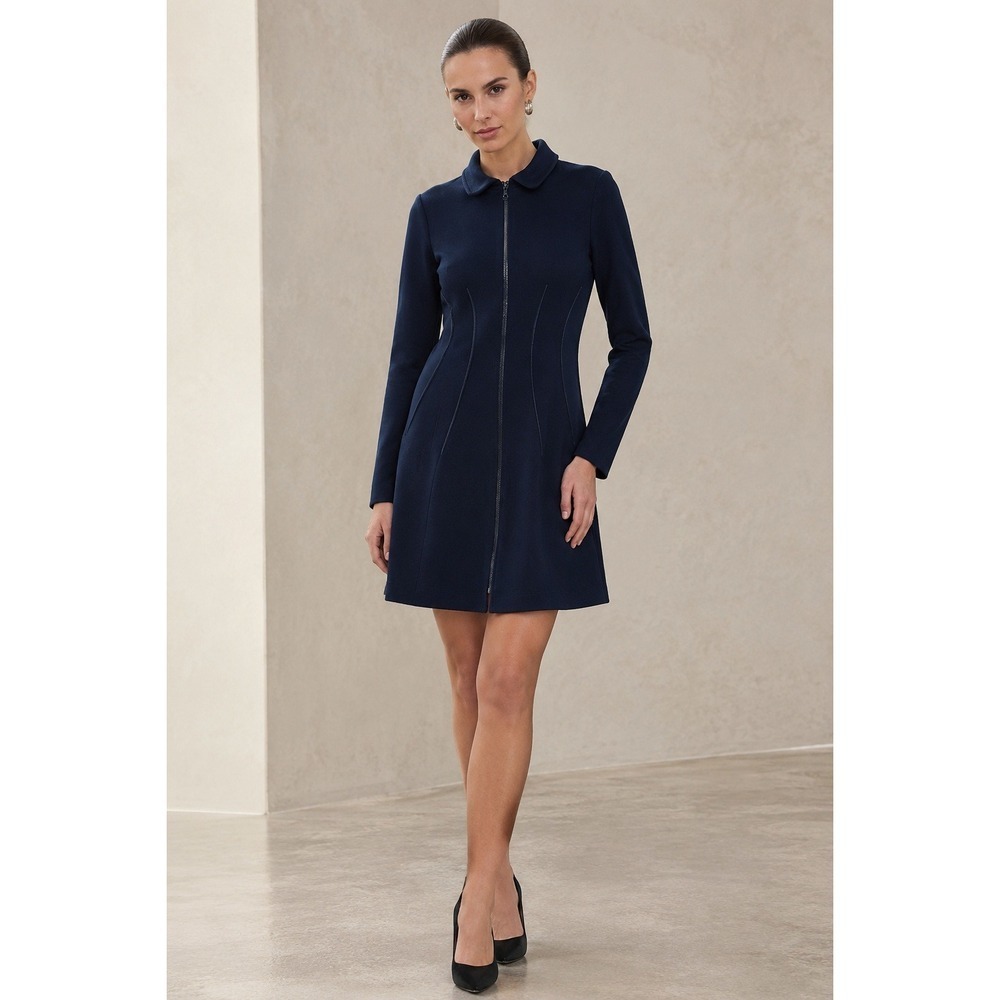 Chado Ralph Rucci Wool Leather Trim Dress 6 Navy Zip A Line Made USA Designer